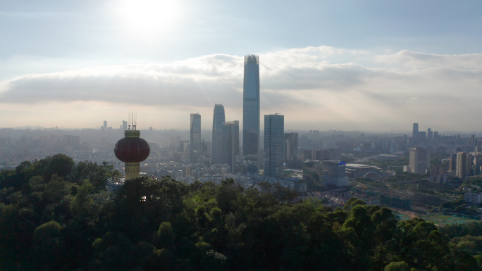 广东省东莞航拍旗峰山国贸地标旗峰公园