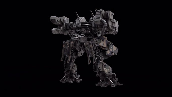 机器人的3D模型，战士的未来机器渲染动画，操纵的骨骼结构，空闲站立-背面右视图，覆盖与阿尔法哑光通道