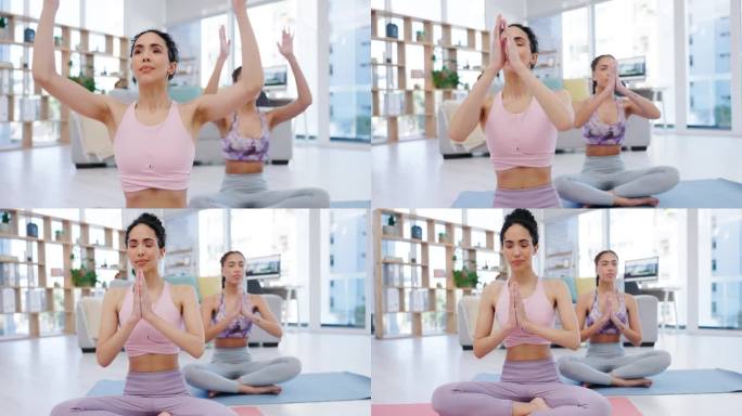 祈祷，瑜伽或女性冥想，锻炼或健身锻炼在禅家工作室放松一起。平衡，人们或健康的朋友在训练中以平静的姿势