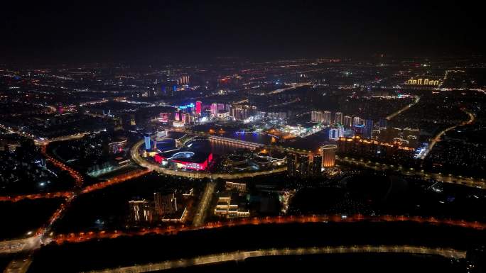 航拍扬州西区明月湖大桥夜景京华城商圈全景