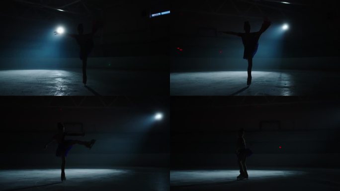 花样滑冰小女孩单腿滑，在冰上表演花样，慢动作，后视图