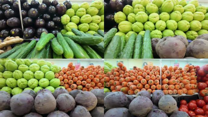 超市货架上的水果和蔬菜。