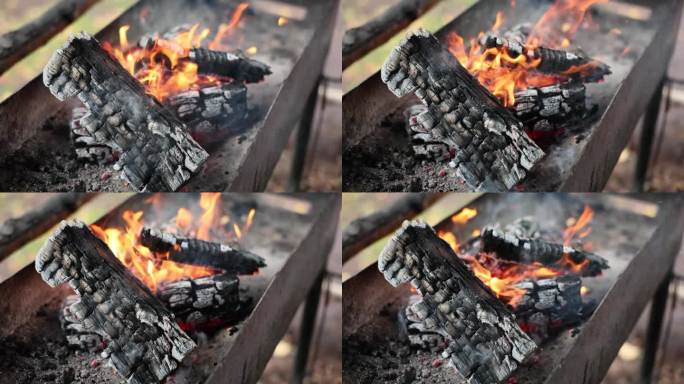 柴火在火盆里燃烧，得到烧肉用的煤