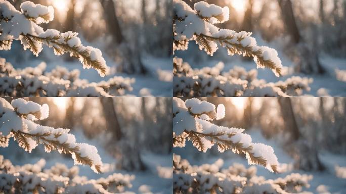 冬天东北森林雾凇清晨大雪松树树挂积雪唯美