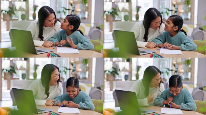 妈妈，女孩和妈妈一起写作业用笑声，用纸或学习用亲吻，在家里搞笑聊天或用纸学习。教育，亚洲母女为幸福，