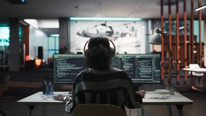 创意办公室:专业黑人女性程序员使用耳机，在台式电脑上工作。专注于编码，软件工程师开发应用程序，视频游
