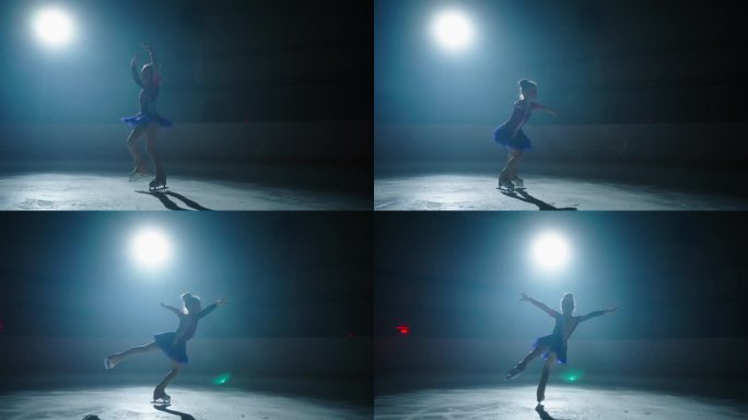 少年花样滑冰，小女孩独自在冰场上训练，准备比赛，剪影