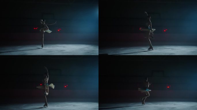 女子花样滑冰运动员在黑暗中冰上舞蹈的惊人剪影，慢动作镜头