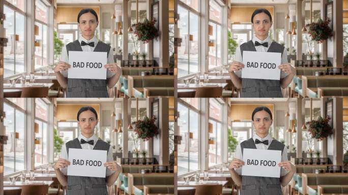 悲伤的印度女服务员举着糟糕的食物横幅