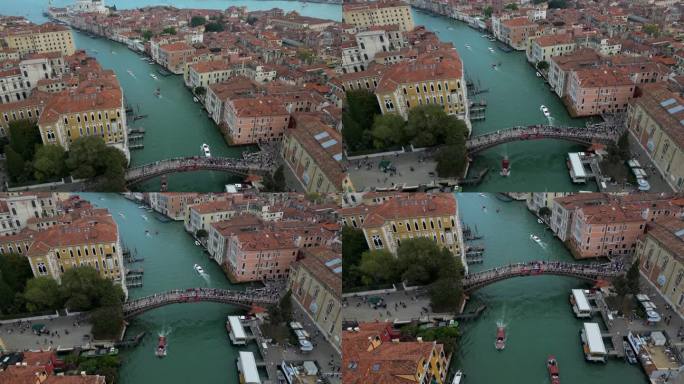 无人机拍摄的意大利威尼斯。威尼斯和运河的概览，贡多拉和船只穿过威尼斯城的运河