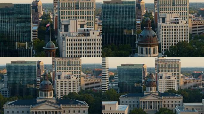 上午，南卡罗来纳州哥伦比亚市中心的南卡罗莱纳州议会大厦穹顶与现代建筑摩天大楼形成鲜明对比。航拍镜头与