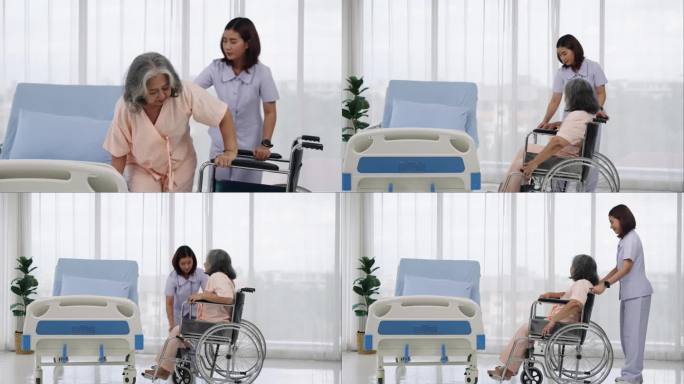 一名护士把一名亚洲老人扶上轮椅，带他去给他在事故中受伤的腿拍x光片。