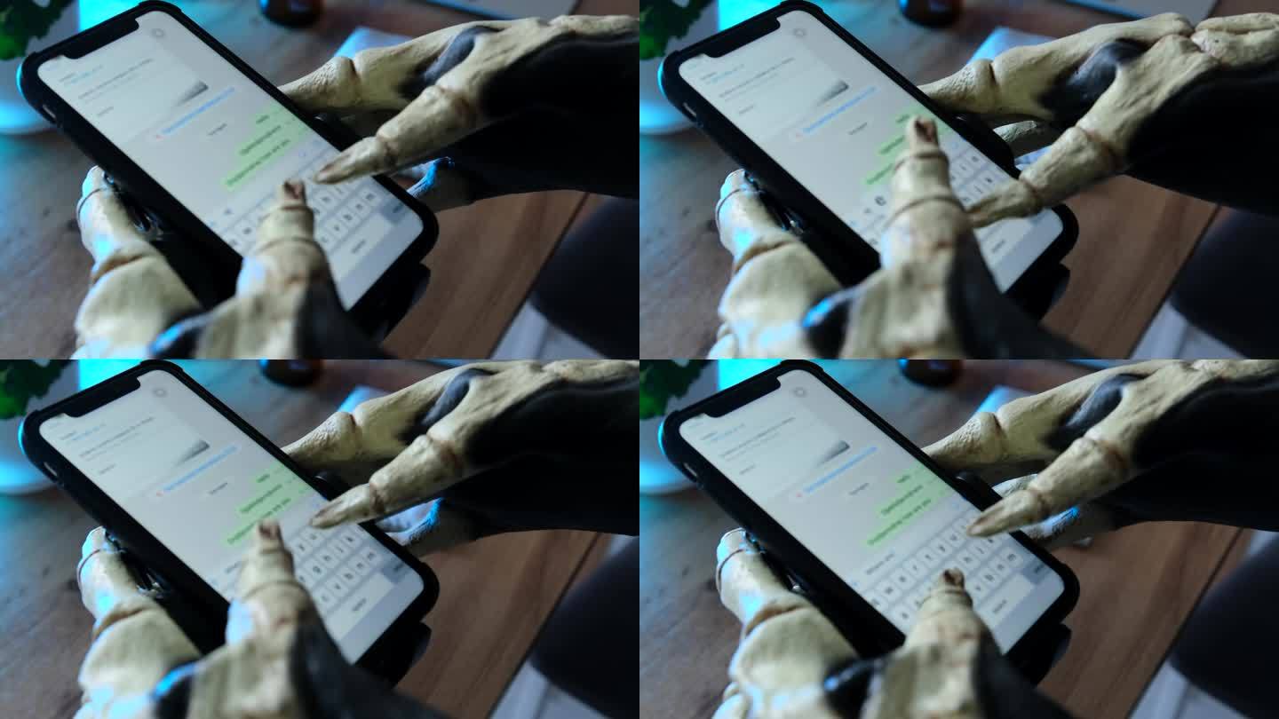 瘦骨嶙峋的手指在智能手机屏幕上输入信息。