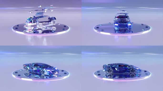 抽象的概念。钻石车由零件自动组装，在光滑的平台上旋转。蓝色霓虹灯
