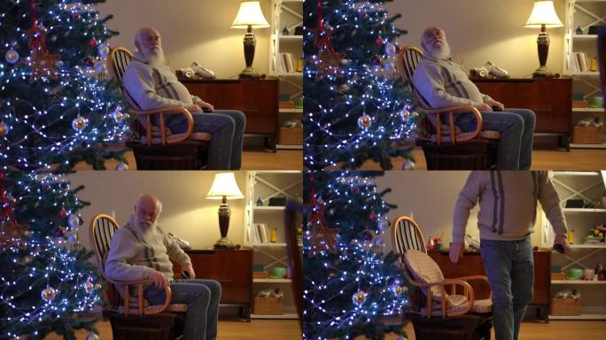 一个大胡子老头坐在摇椅上，聚精会神地看了看身边的圣诞树，然后起身离开了。