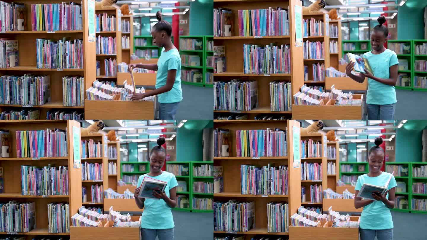 一个小女孩在图书馆里翻看书，挑了一本来读