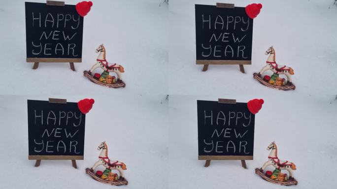 新年贺卡上的雪花，新年题词上的冬雪旁边的圣诞玩具