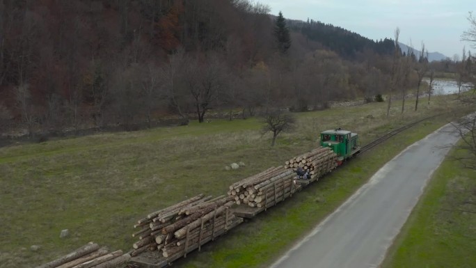 一列运送木材的货运列车的鸟瞰图