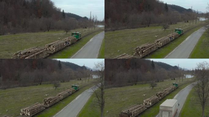 一列运送木材的货运列车的鸟瞰图