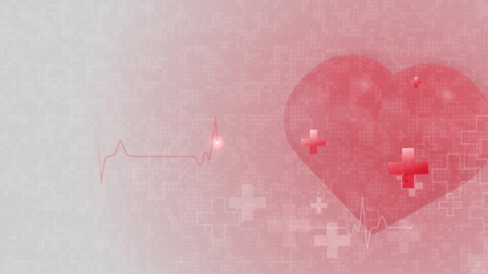 红色跳动的心脏在动画医学背景与交叉和心电图线。医疗保健图形的循环移动。