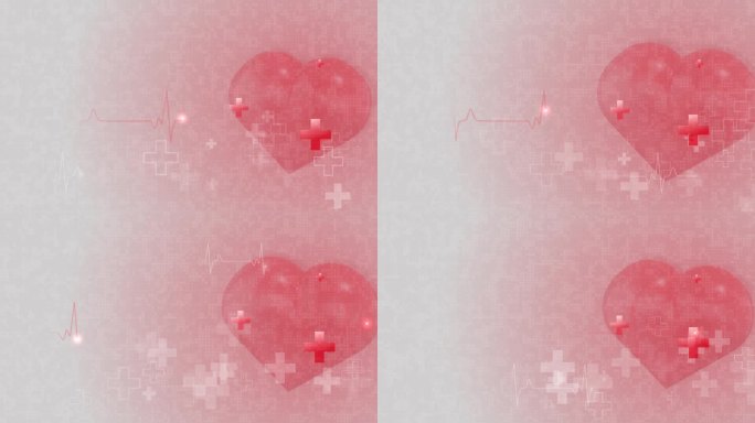 红色跳动的心脏在动画医学背景与交叉和心电图线。医疗保健图形的循环移动。