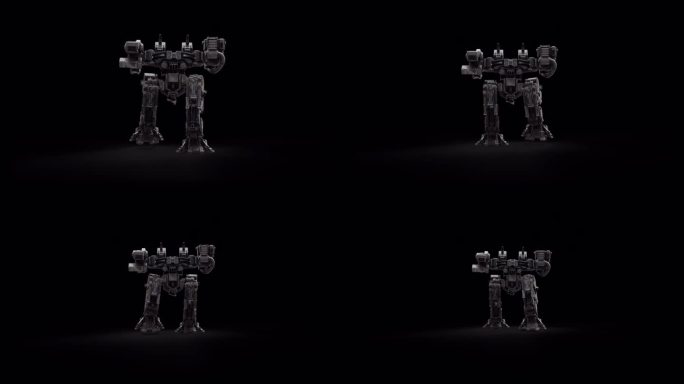 机器人的3D模型，战士的未来主义机器渲染动画，操纵骨骼结构，向后走-向后侧视图，覆盖与阿尔法哑光通道
