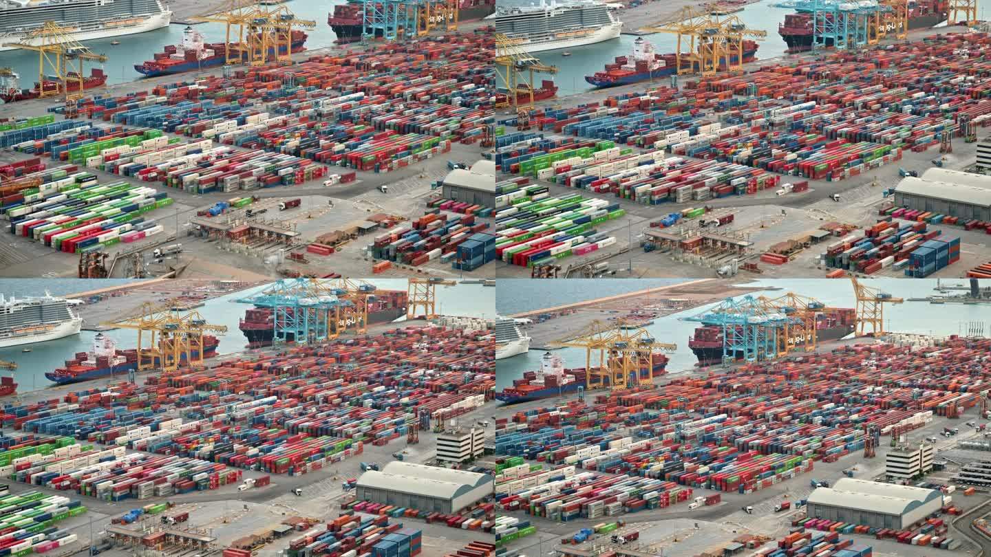 西班牙，巴塞罗那海港，有大量的集装箱，停泊的船只，移动的卡车