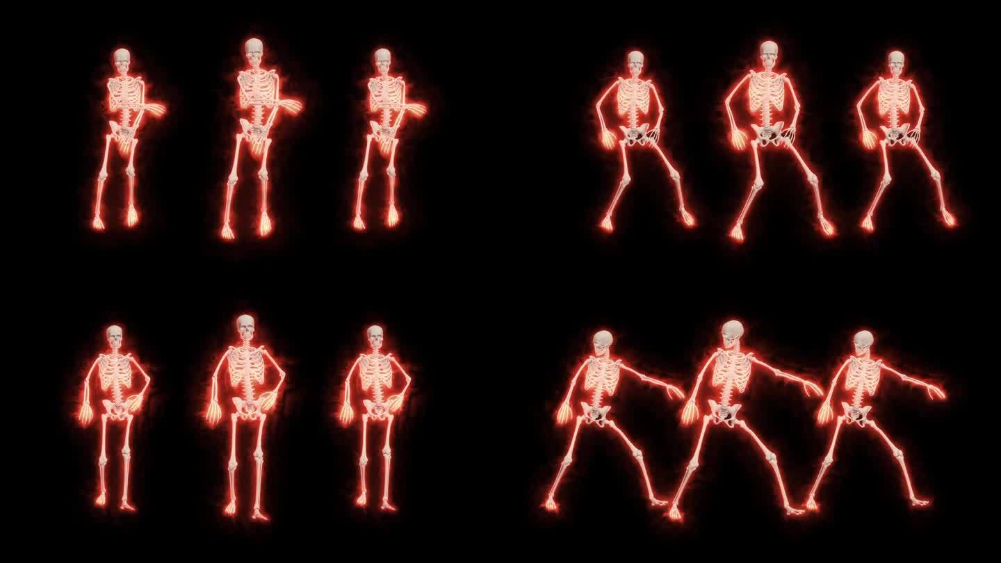 跳舞的火骷髅3D。3D骷髅范妮舞蹈动画。骷髅3D舞蹈。
