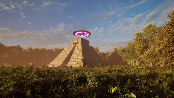 一个不明飞行物投下七彩的灯光，盘旋在古老的玛雅神庙遗址的丛林上，夕阳西下，外星人站在一旁闲望，3D动