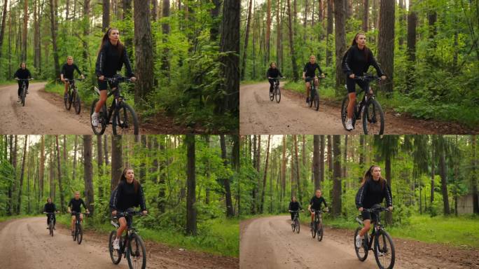 健康的生活方式和运动，拯救美丽和苗条，三位女士在地面上骑自行车