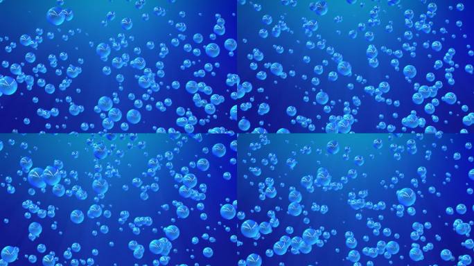 漂浮在水中的蓝色气泡与闪亮的背景，循环视频，4k, 60 fps