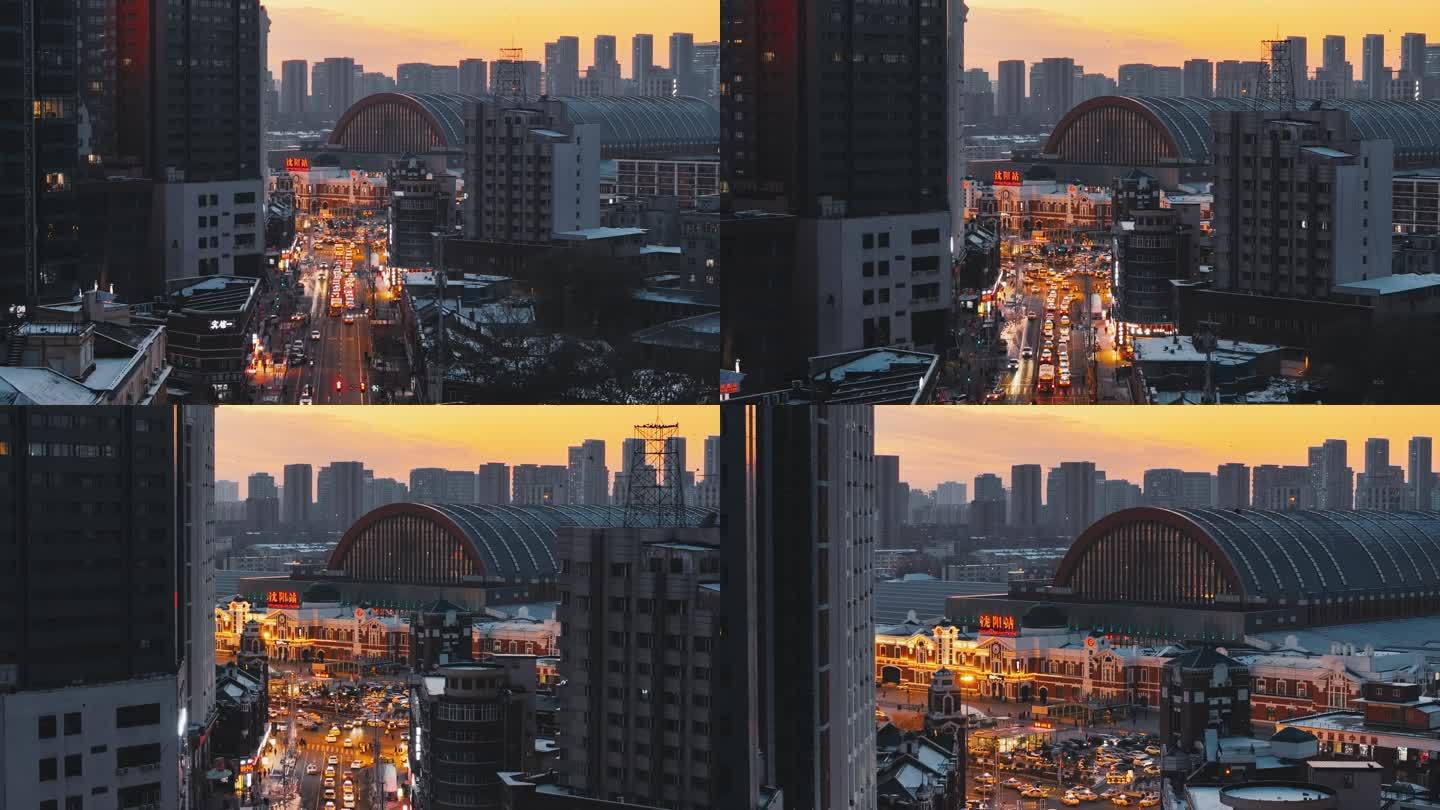 沈阳站冬季蓝调航拍4K大气城市风景