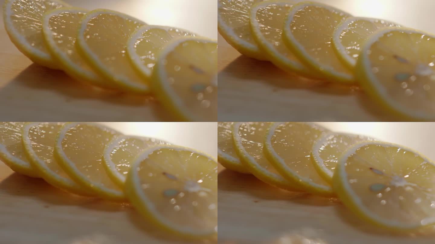 柠檬在木板上切成薄片
