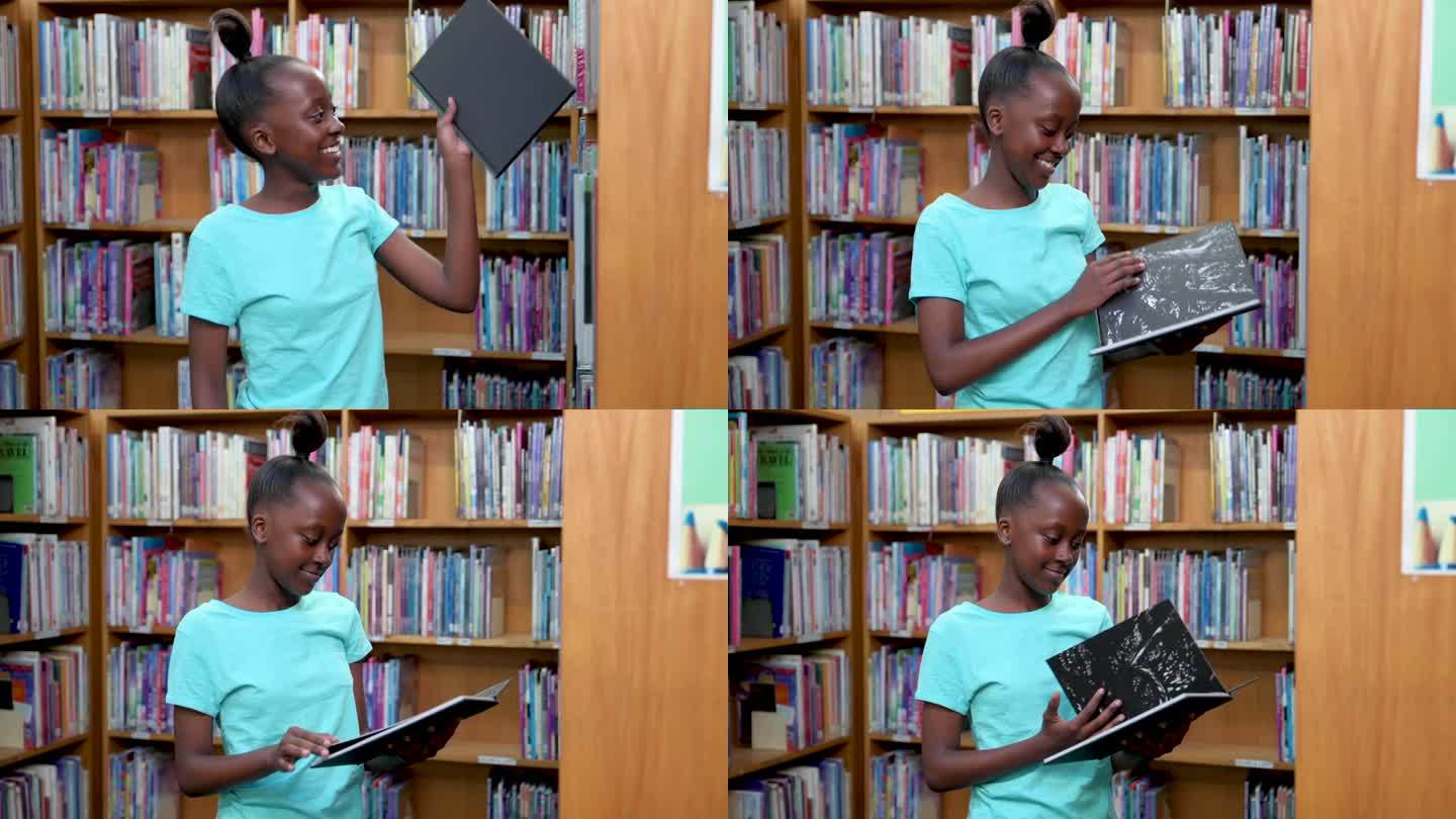 小女孩在图书馆的书架上挑书