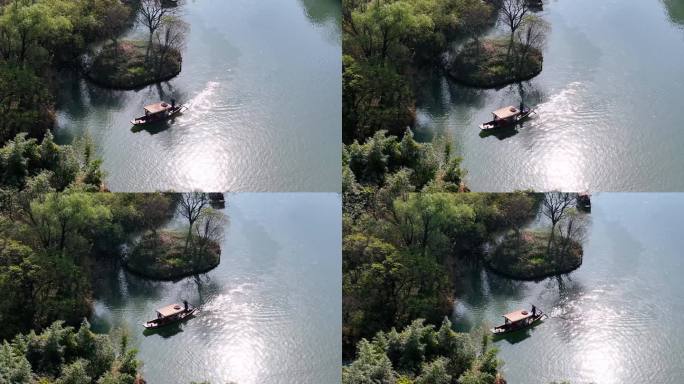摇橹船在杭州西溪湿地河道中前行
