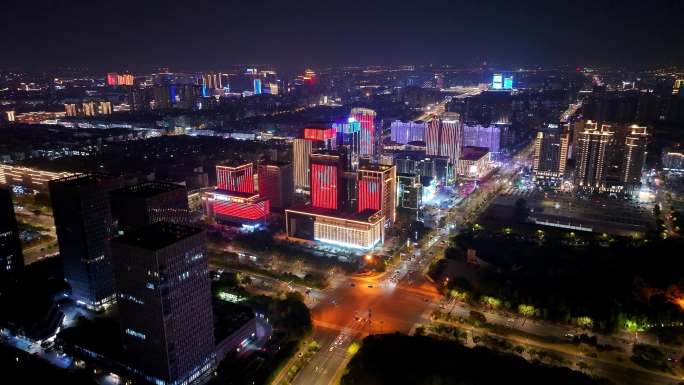 航拍扬州西区明月湖大桥夜景京华城商圈全景