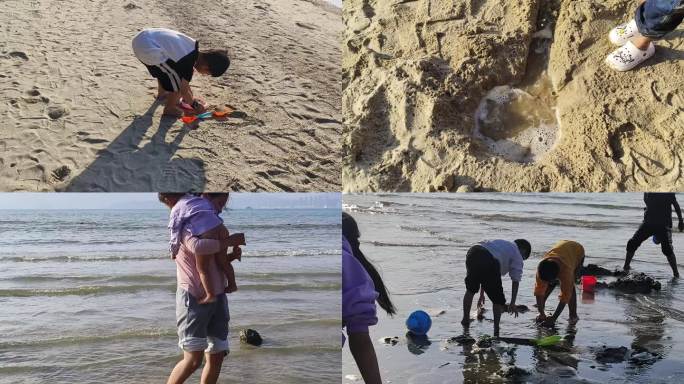 暑假小朋友在海边沙滩玩耍假期游客滨海纳凉