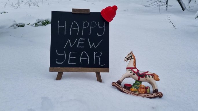 新年贺卡上的雪花，新年题词上的冬雪旁边的圣诞玩具