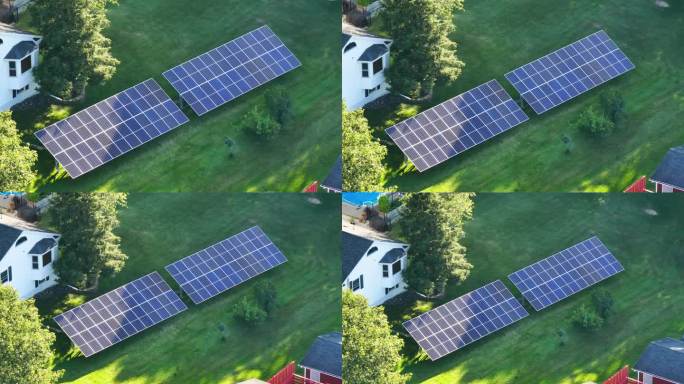 郊区农村后院地面安装太阳能光伏板生产清洁生态电能的住宅。自主住宅的概念