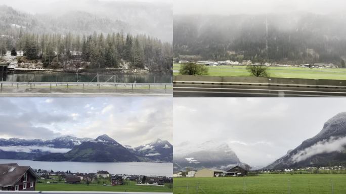 火车窗外雪景森林雪山大雪飞雪湖泊草地高山