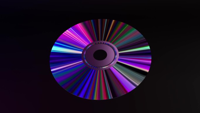 抽象的概念。CD DVD在黑色背景上旋转。彩虹。蓝色霓虹色。三维动画