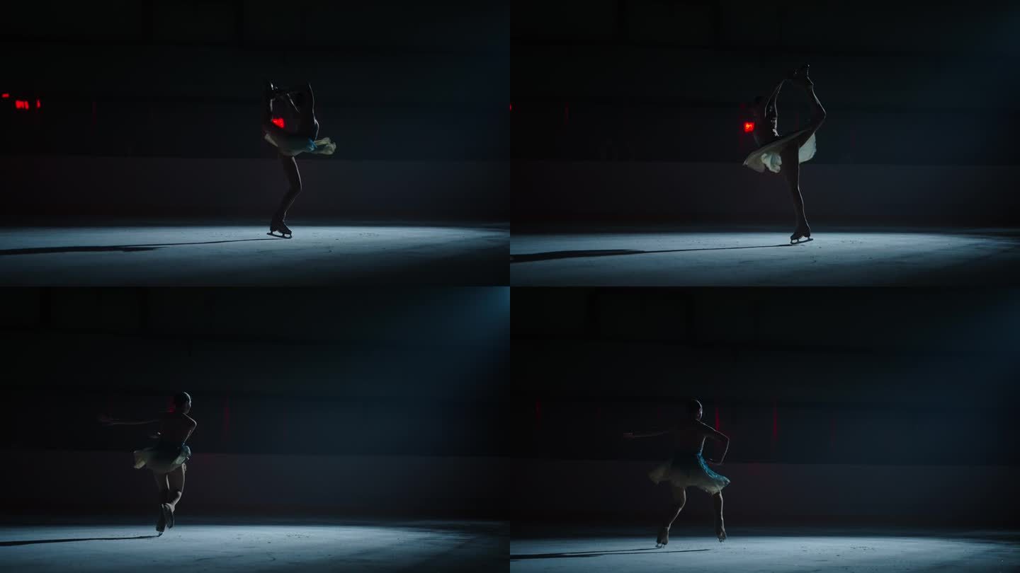 优雅的花样滑冰女子在溜冰场上独自滑冰和旋转的剪影