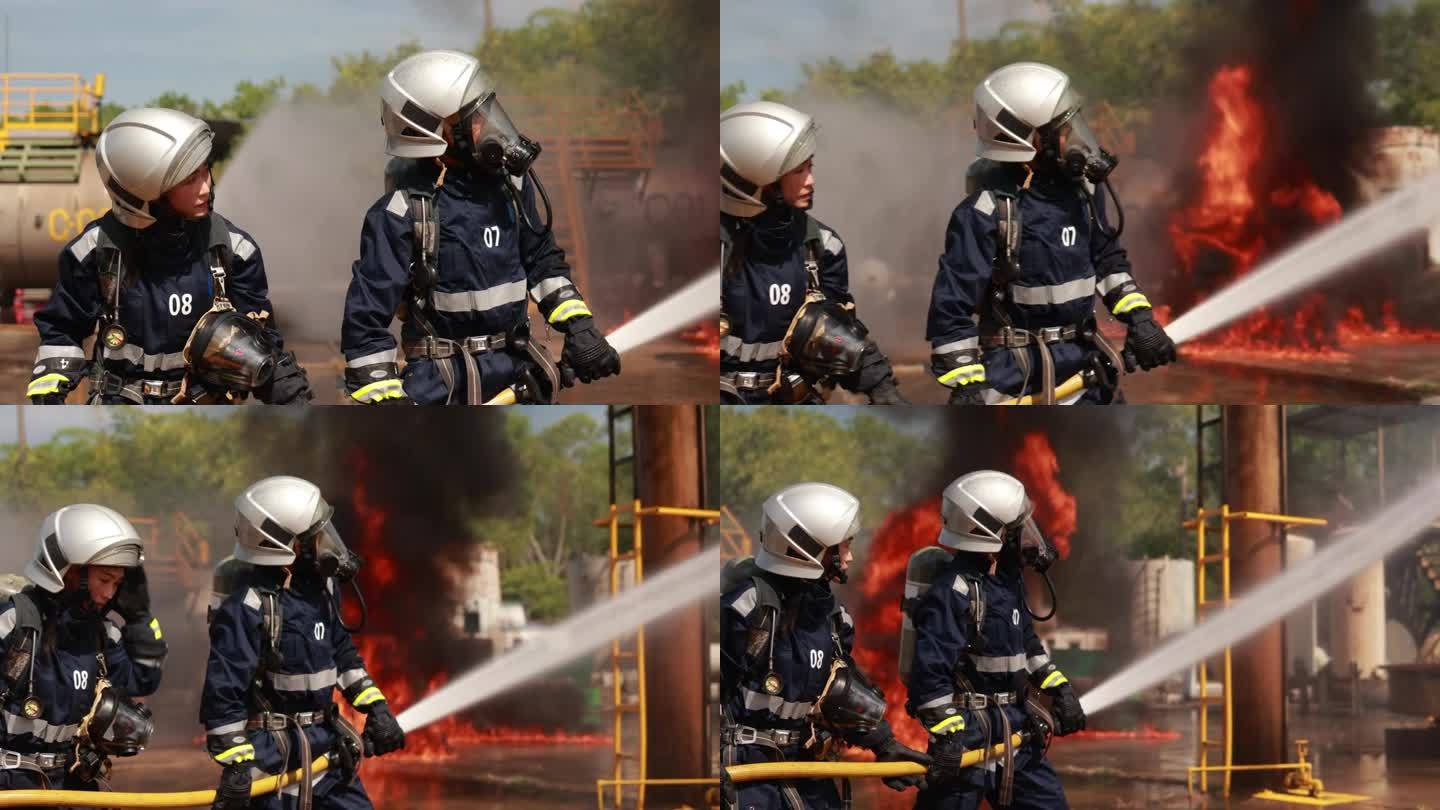 两名专业消防员使用消防水带灭火。