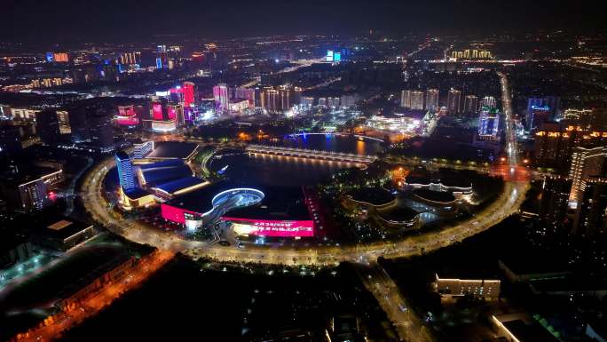 航拍扬州西区明月湖大桥夜景京华城商圈全景