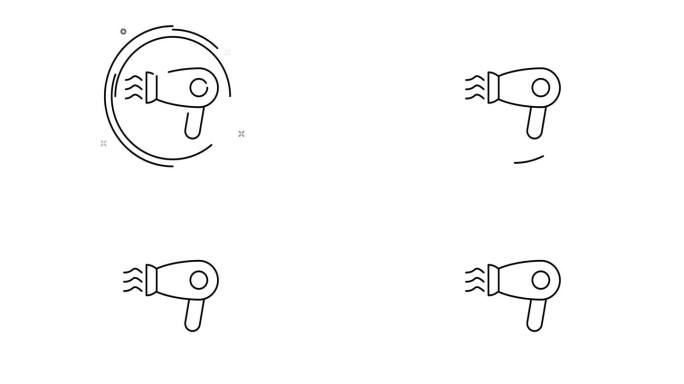 吹风机动画轮廓图标在白色背景。吹风机旋转外观4k视频动画网页，移动和UI设计