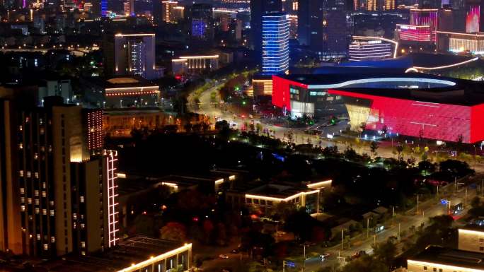 航拍扬州西区明月湖大桥夜景京华城商圈全景