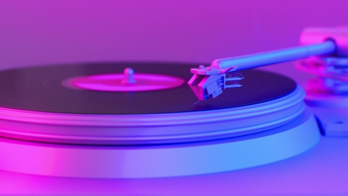 黑胶唱片机美丽的霓虹灯特写。DJ转盘盘迪斯科灯深紫蓝色的颜色。旋转磁盘3d动画。音乐背景概念