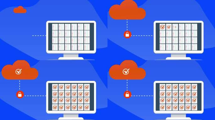 安全的云计算和安全的数据库上传到存储云。将数字文件从桌面传输到云的动画。
