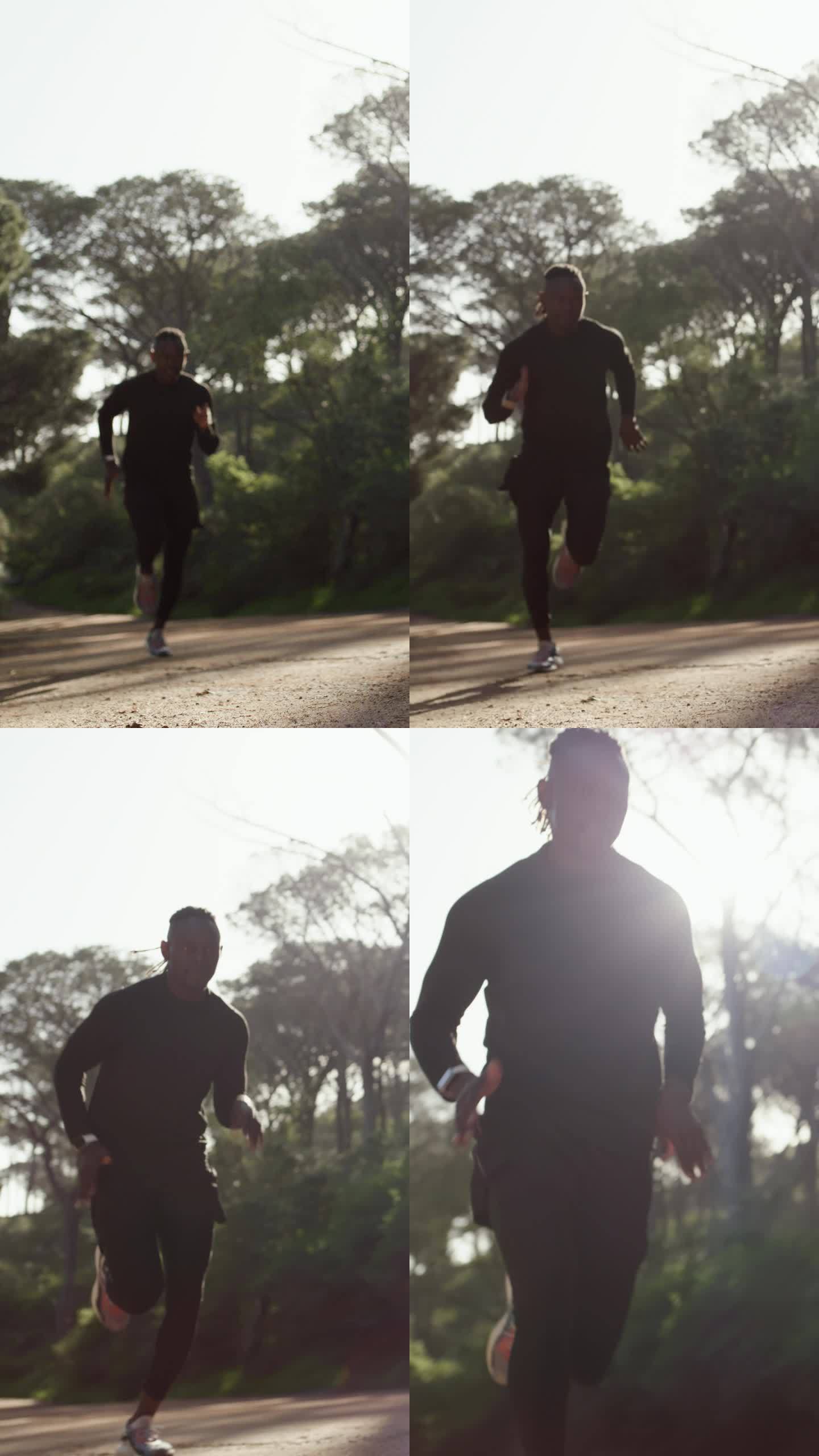 运动，跑步和黑人在森林里健身参加马拉松，和树木一起健身。训练，运动员或跑步者在大自然户外晨练，表现和