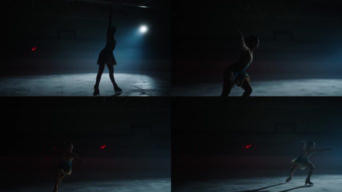 年轻优雅的女子在黑暗中滑冰，剪影慢动作镜头，花样滑冰
